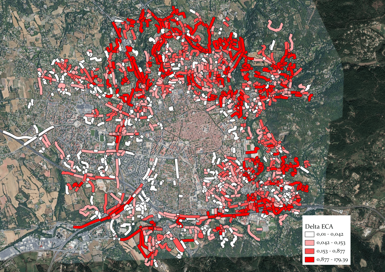 Sélection des tronçons de rue sur lesquels la densification du réseau écologique pourrait être la plus efficace du point de vue du modèle écureuil.
