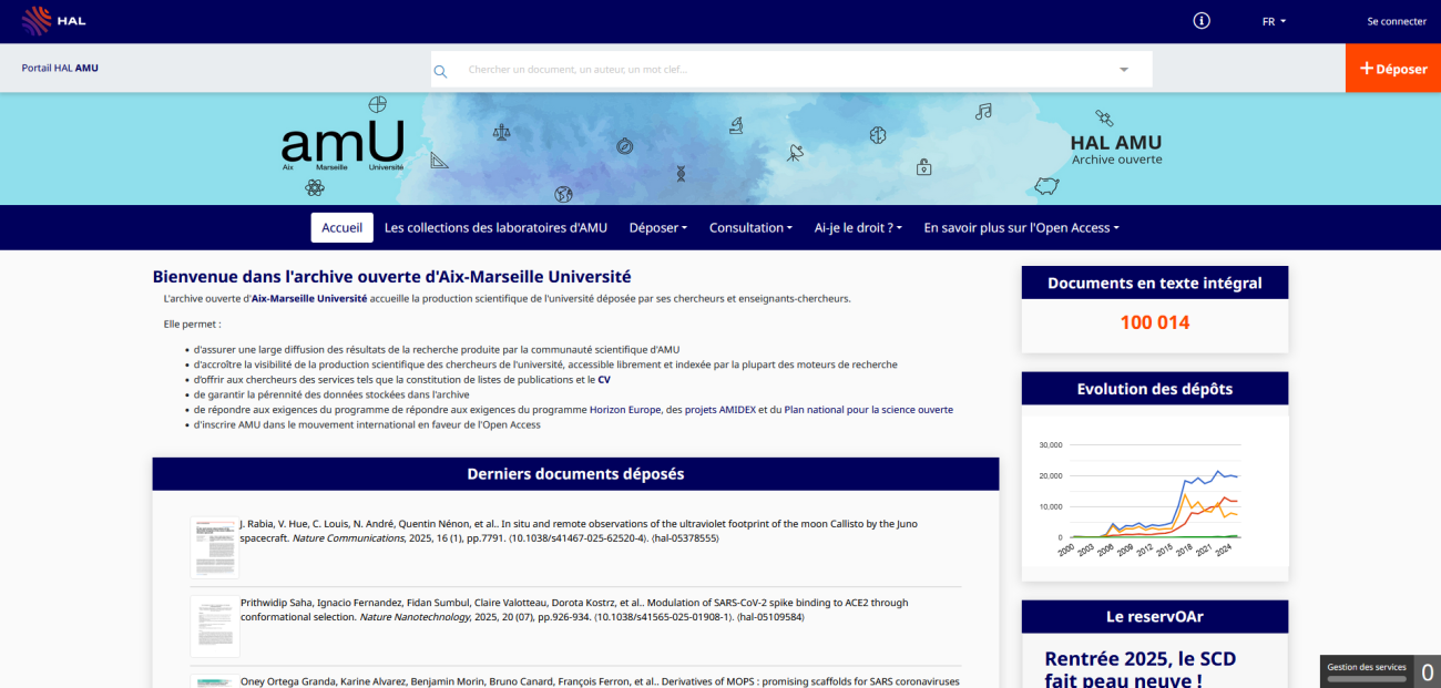 The home page of HAL AMU, Aix Marseille Université's open archive, which hosts the university's scientific output deposited by its researchers and teacher-researchers.
