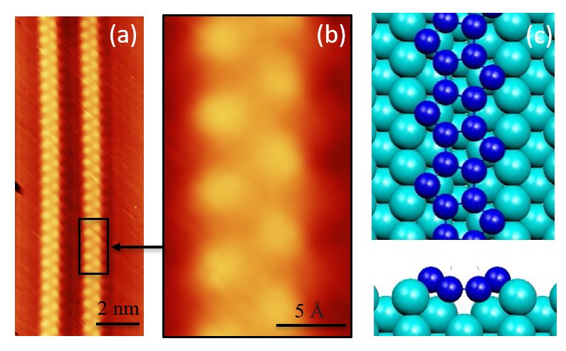 Schematic view of an image of penta-silicene nanoribbons on the surface of a silver crystal observed by scanning tunneling microscopy.