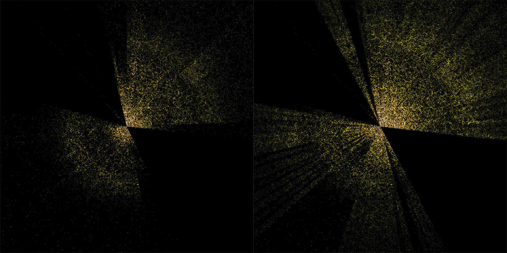 Représentation en jaune sur fond noir des tranches 2D de la carte 3D des galaxies provenant des premiers mois d'utilisation de DESI - Crédit : D. Schlegel/Berkeley Lab