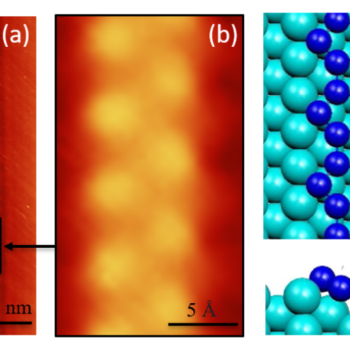 Schéma en vis à vis d'une image de nanorubans de penta-silicène sur la surface d’un cristal d’argent observés par microscopie à effet tunnel