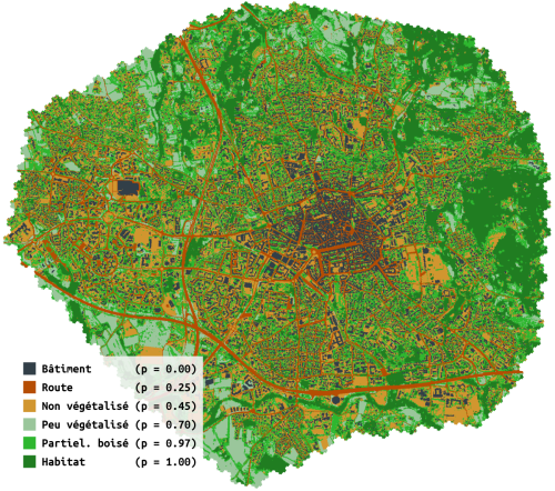 Cartographie de la ville d’Aix-en-Provence sous la forme d’hexagones. Les couleurs indiquent la probabilité qu’un écureuil puisse en traverser un (p).