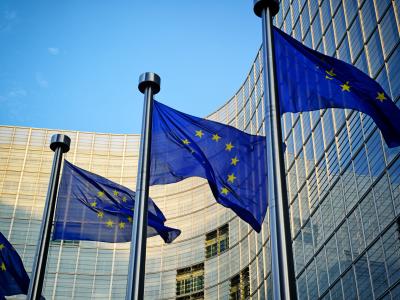 EU flags in front of the European Commission in Brussels 